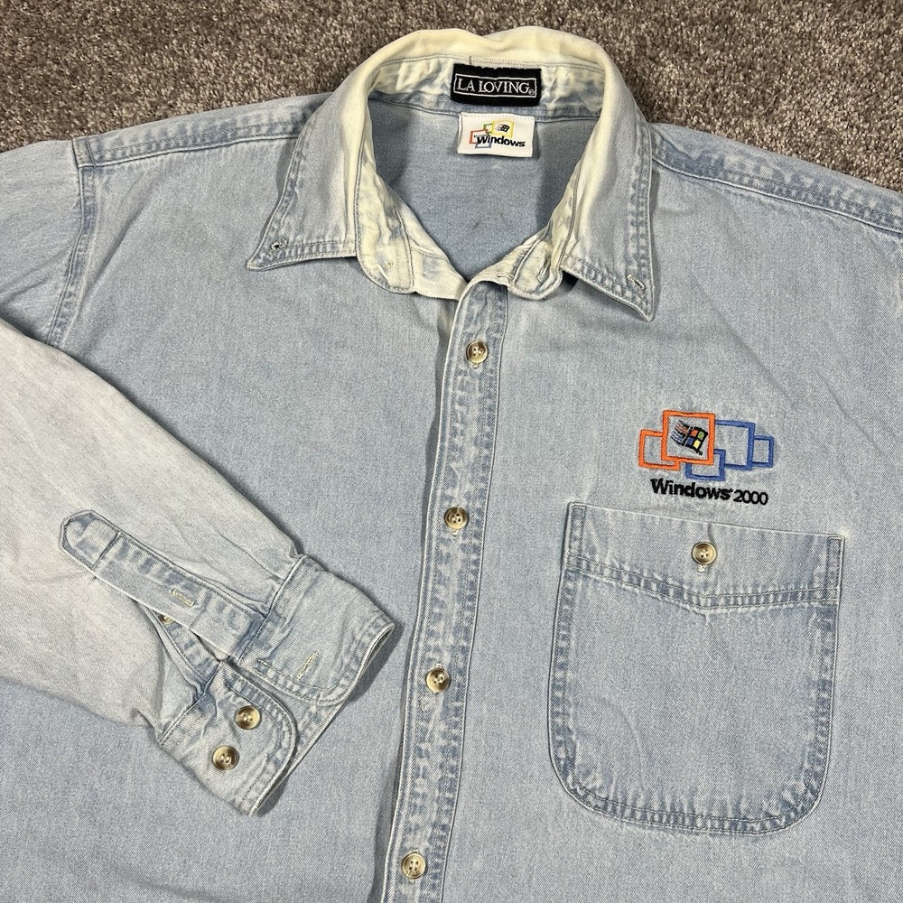 Vintage 90s Microsoft Windows Computer Promo Denim Button Up Shirt Large Tech